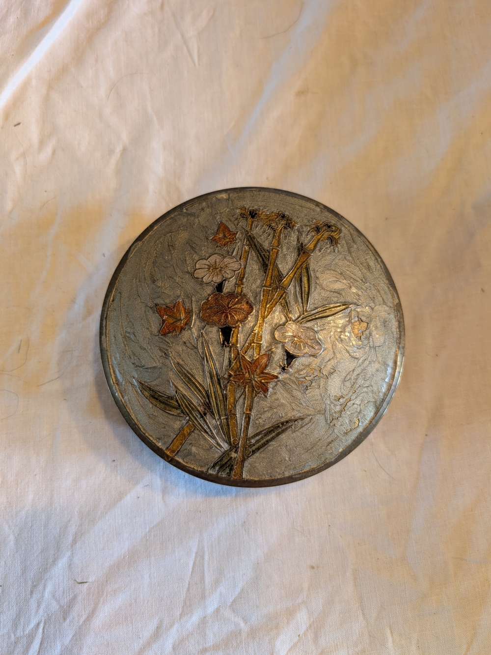 2/60$ Vintage Round Brass Floral trinket Jewelry Box - Gray and Gold Accents
